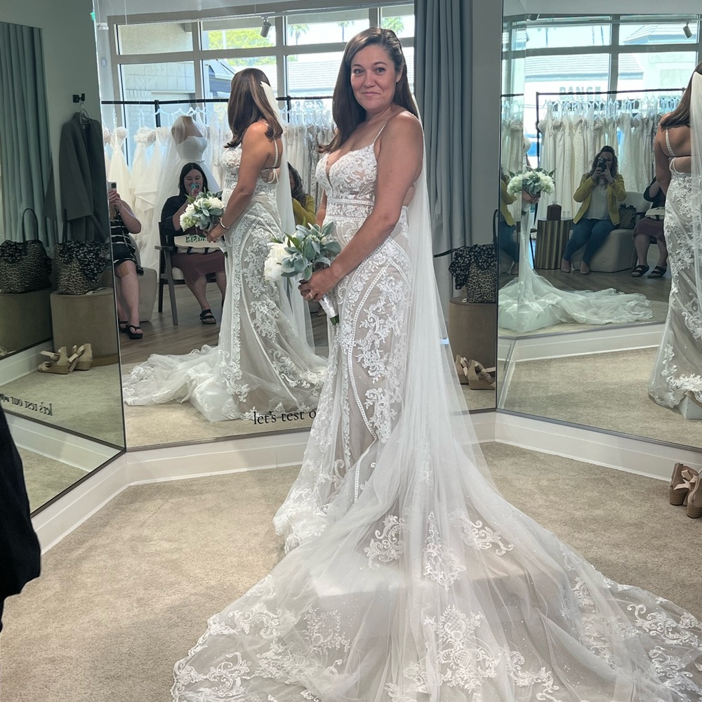 White Lace Wedding Dress with Long Train and Sheer Overlay
